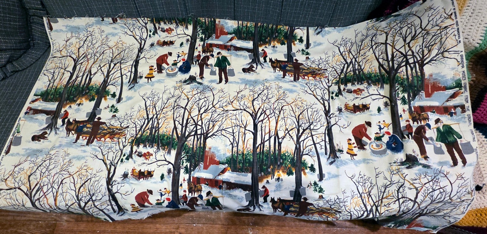 Barkcloth 1940s Grandma Moses Snow Maple SUGARING OFF Fabric HTF Excellent Barkcloth 1940s Grandma Moses Snow Maple SUGARING OFF Fabric HTF Excellent