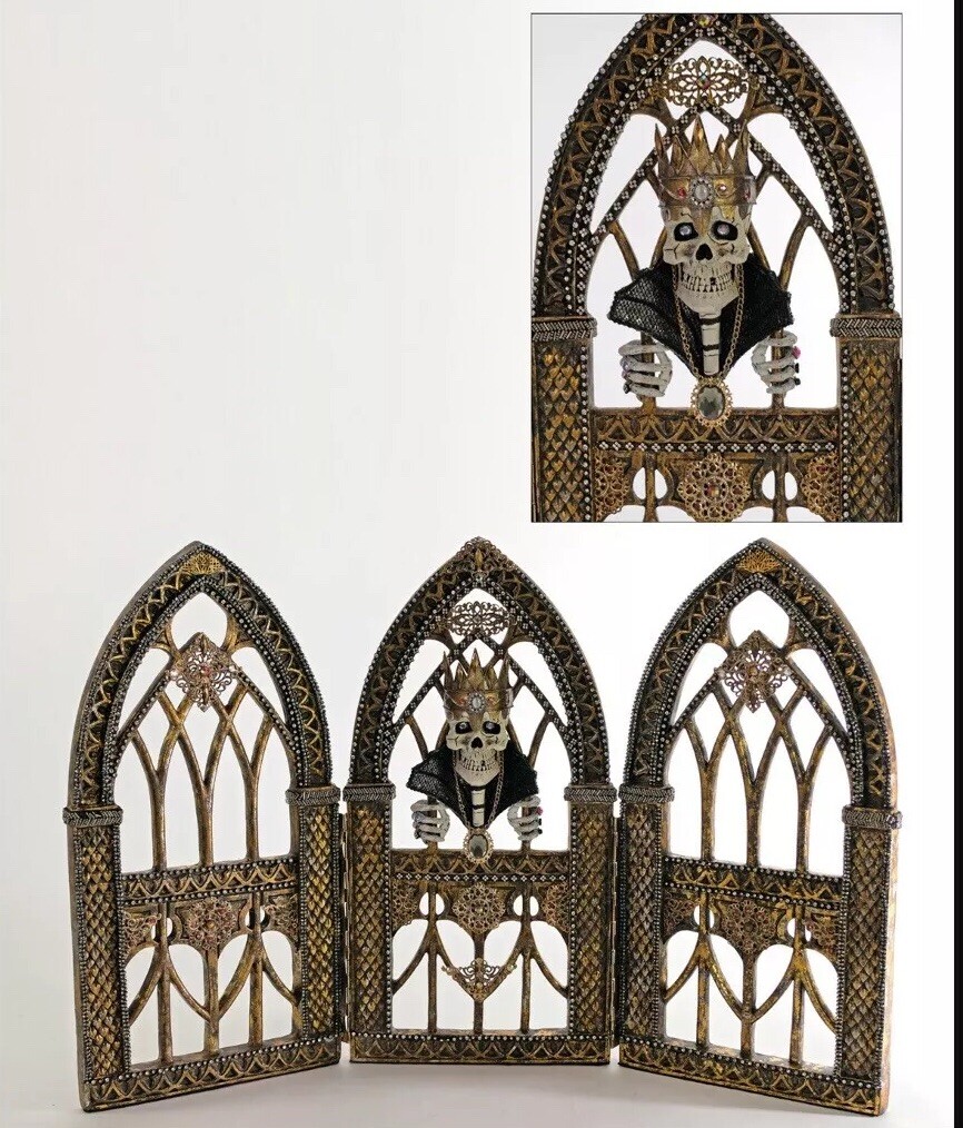 Katherine\'s Collection Halloween Skull Display Triptych NEW Skeleton