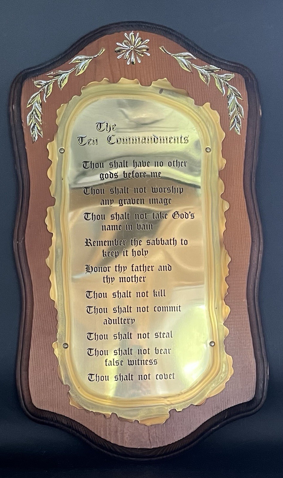 Vintage Home Interiors Wood And Brass Ten Commandments Wall Plaque