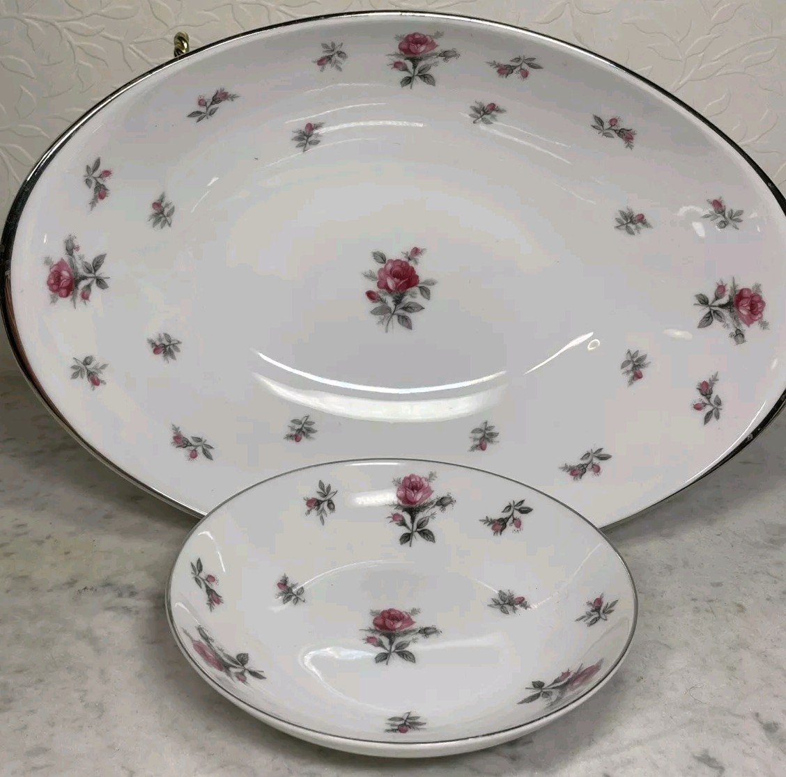 Vtg Rose Chintz Meito Serving Bowl Set 2 Pink Rose Chintz Japan Cottage Core