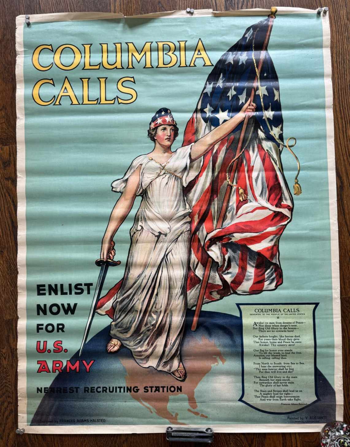 Original 1916 WWI Columbia Calls Poster Aderente US Army Recruiting Halsted