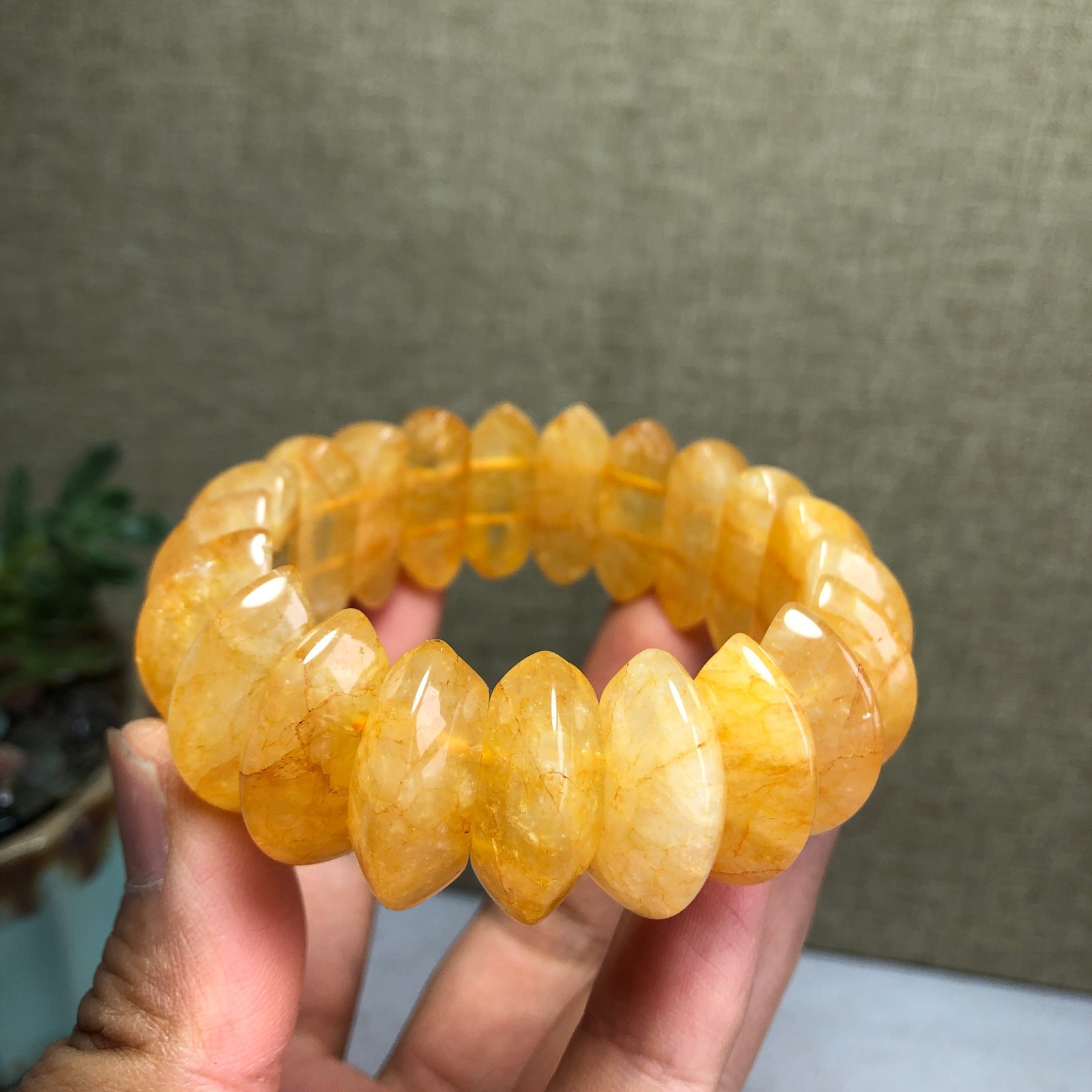 82g Rare Natural yellow gum flower Crystal Hand cut polish bracelet A6152