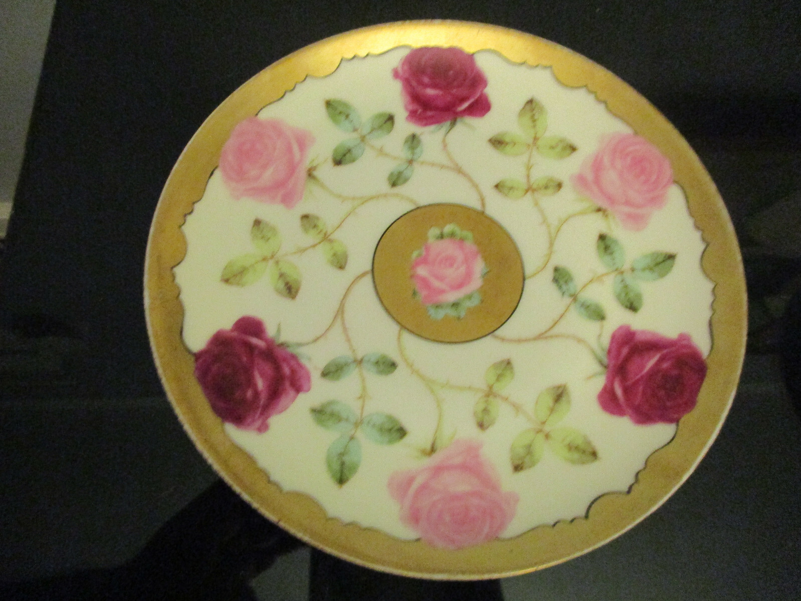 Antique HandPainted Gold Gilt Lg Pink Red Roses Favorite Bavaria Display Plate