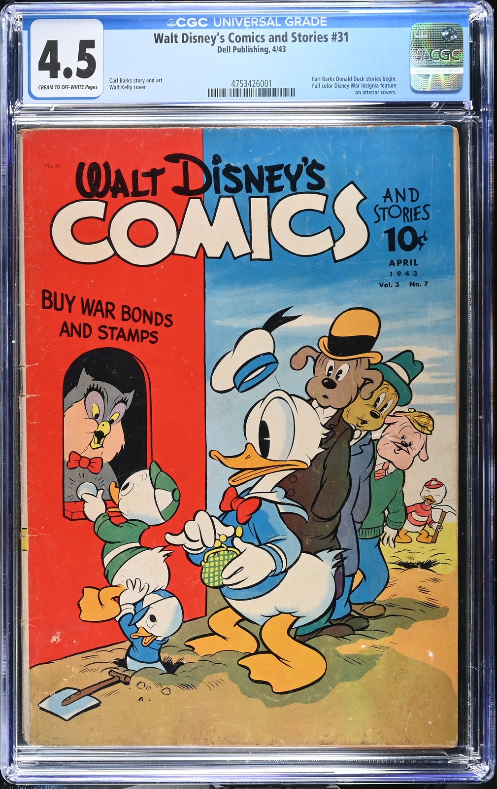 Walt Disney\'s Comics and Stories #31 - Dell Publishing 1943 CGC 4.5 Carl Barks D
