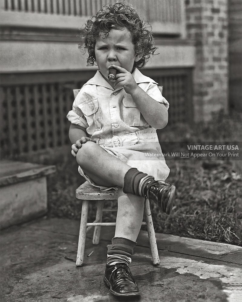Young Boy Smoking Cigar Vintage 8x10 Photo Bizarre Odd Strange Man Cave 1920s