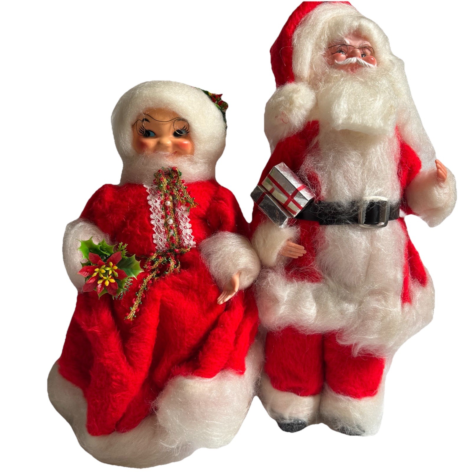 Vintage MCM Christmas Handmade  Santa Mrs Claus Dolls Plastic Face Figures Set