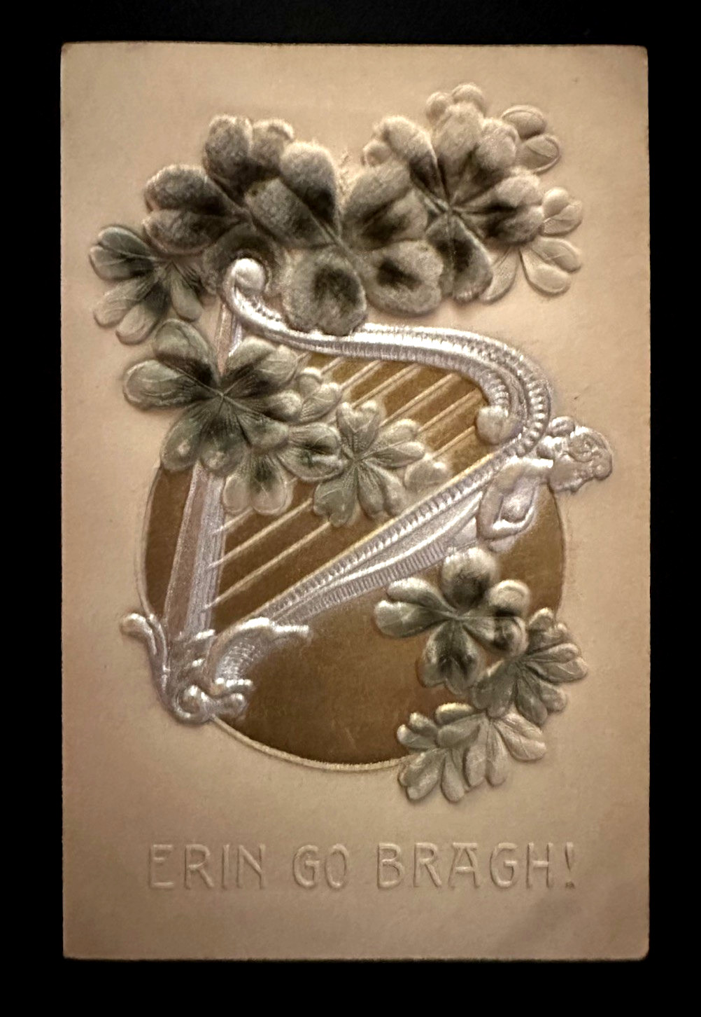 Irish Lyre with  Shamrocks~Antique Airbrushed St. Patrick\'s Day Postcard~m239