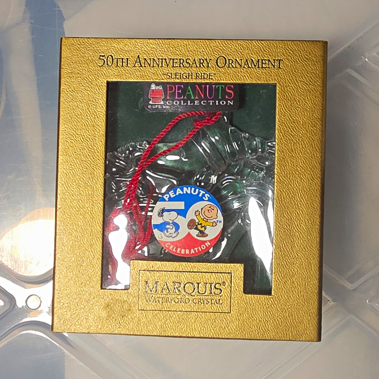 Marquis Waterford Crystal Peanuts 50th Anniversary Sleigh Ride Ornament