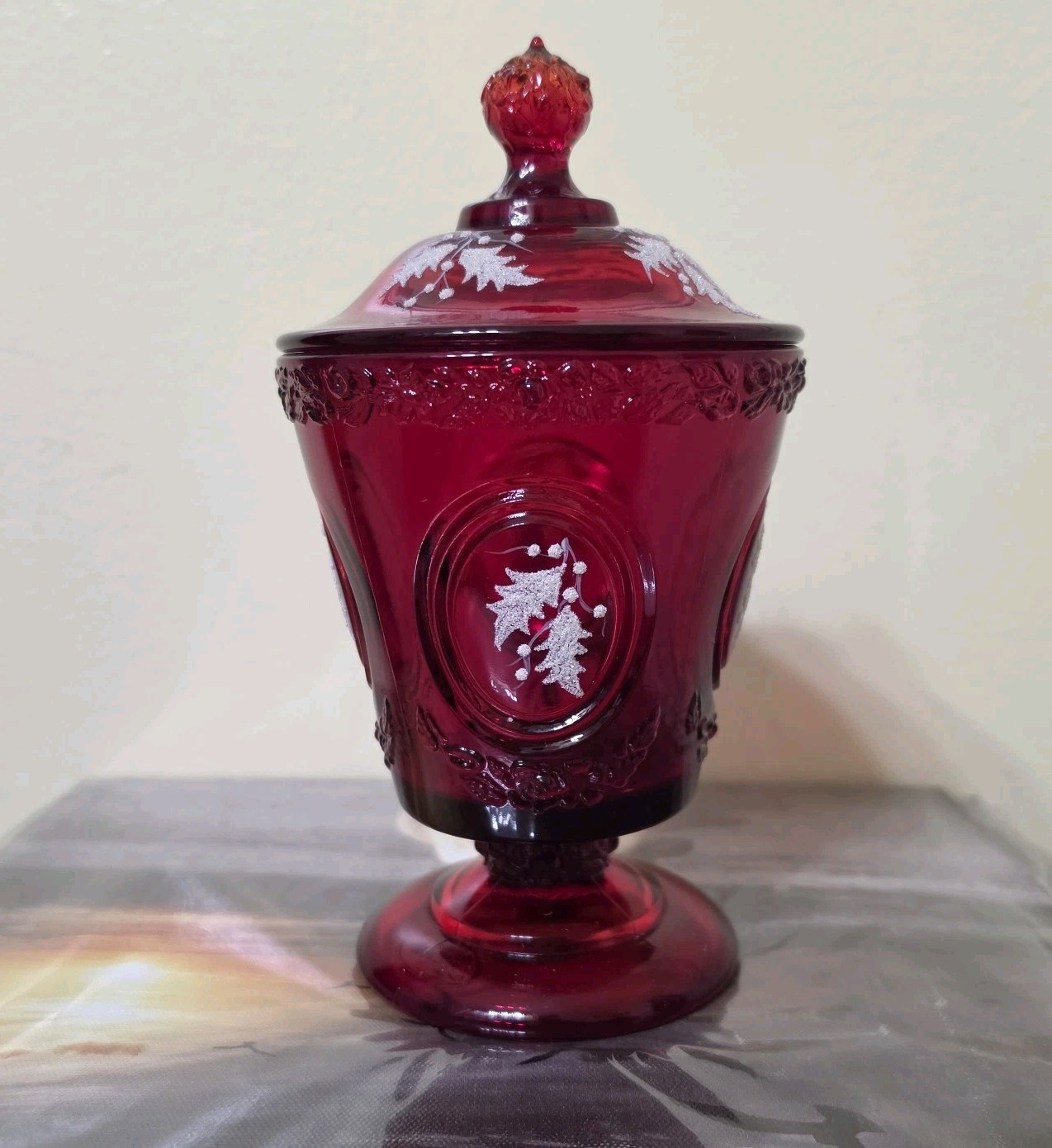Fenton Christmas Holly Ruby Red Candy Box Dish 8288RH With Lid Signed 8
