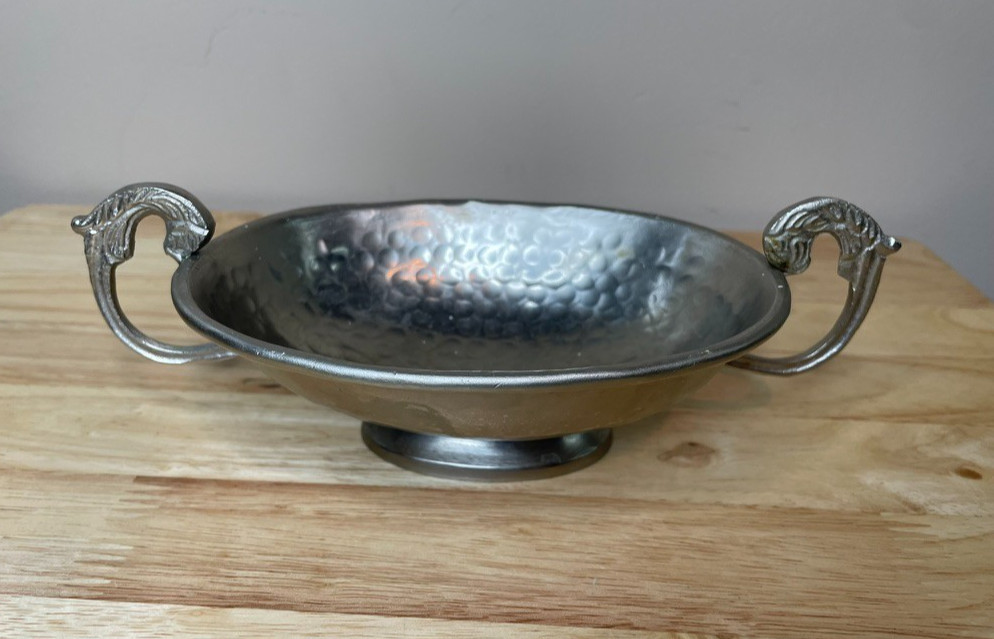 Vintage Pewter Footed Bowl Figural Handles Hand Hammered Pedestal Centerpiece