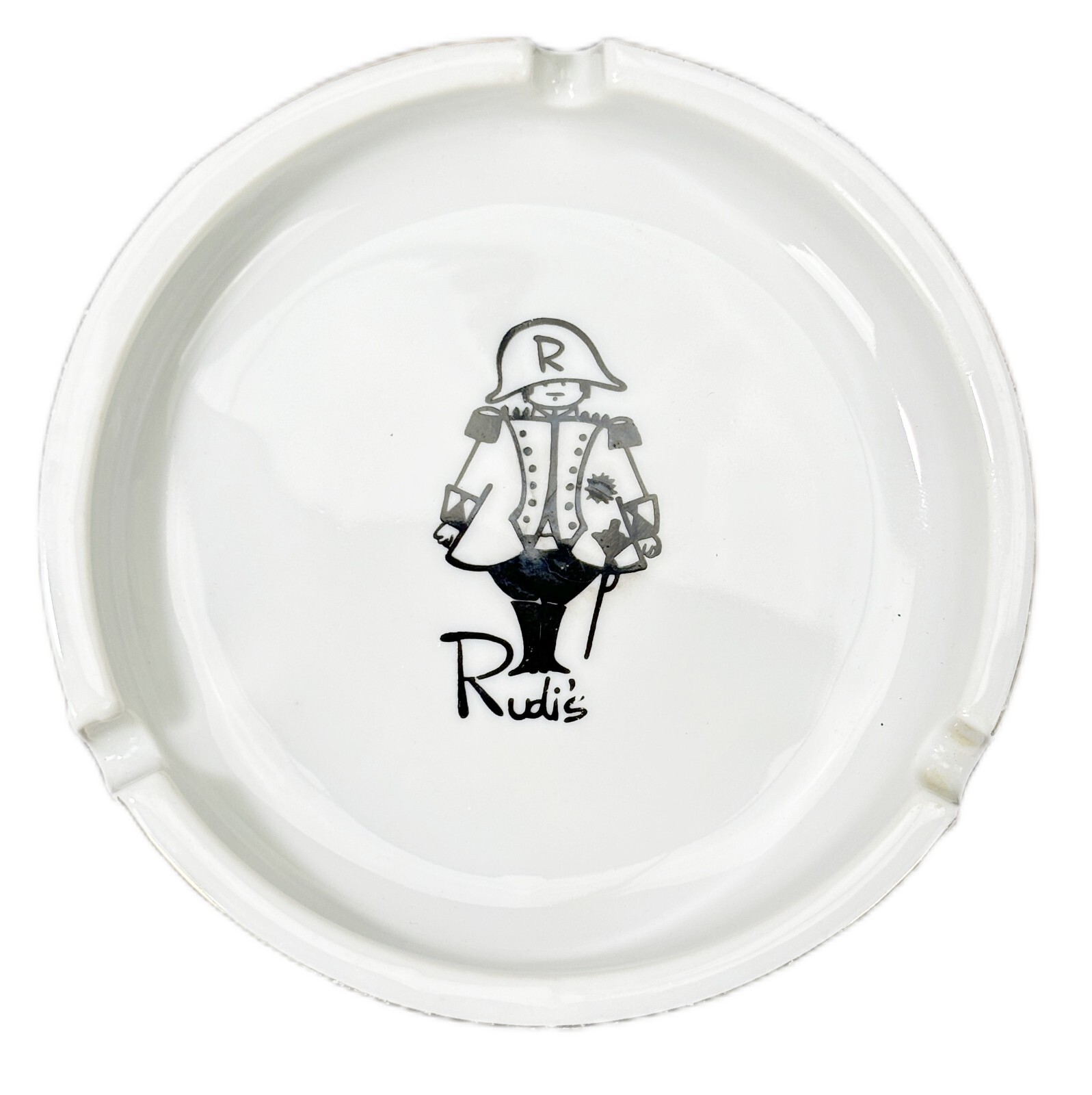 Rudi’s Restaurant 4.5” Porcelain Ashtray White Black Gold Rim