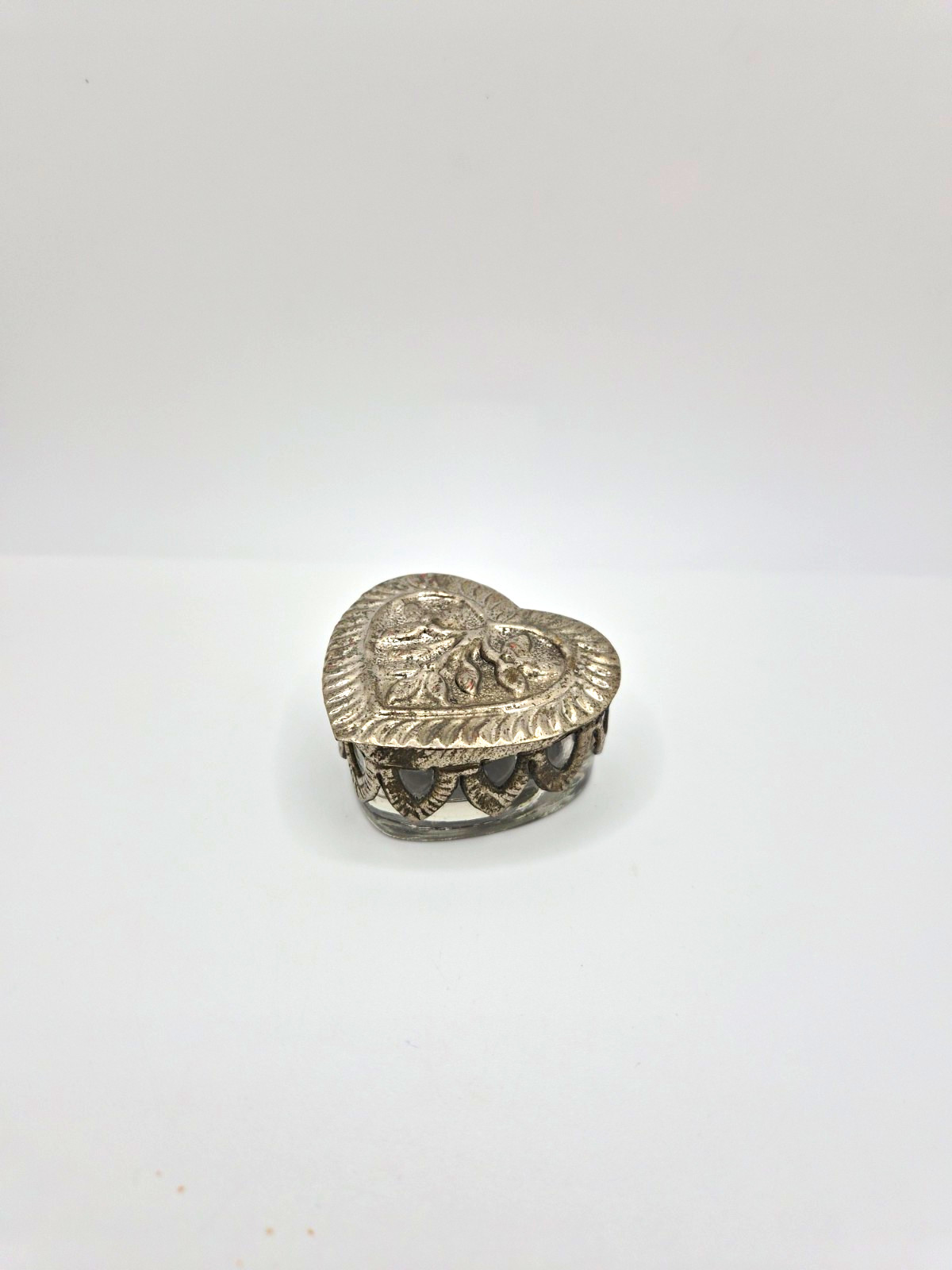 Rare Vintage Heart-Shaped Metal and glass Trinket Box