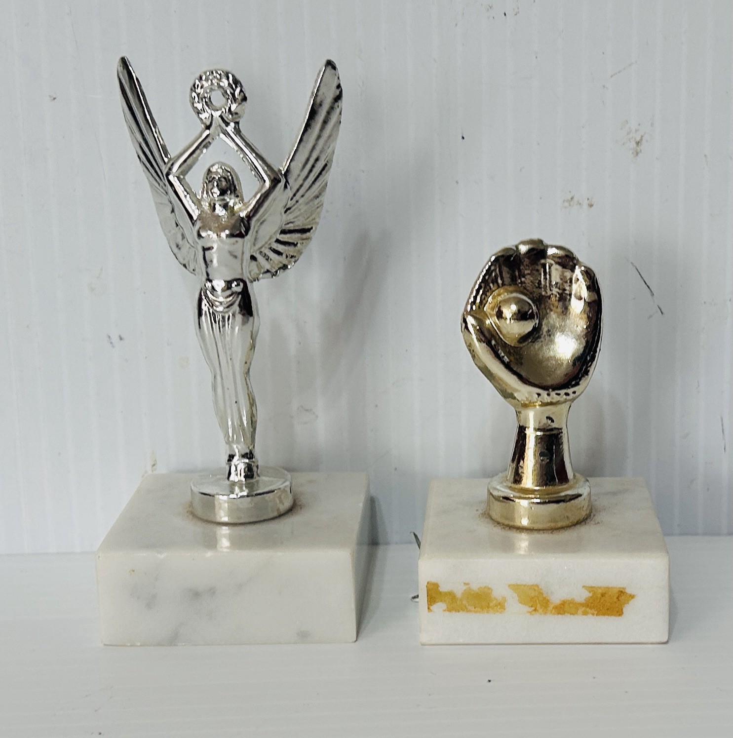 2 ANTIQUE Small Vintage trophy baseball glove winged victory 1960s marble base 2 ANTIQUE Small Vintage trophy baseball glove winged victory 1960s marble base