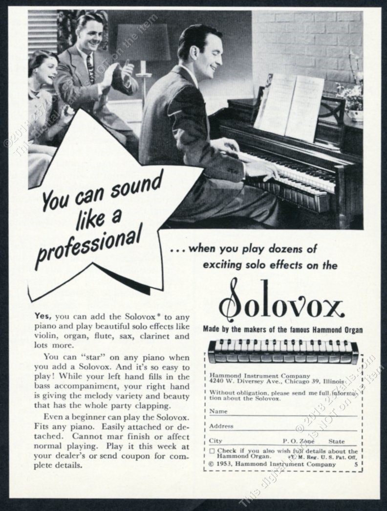 1953 Hammond organ Solovox monophonic keyboard photo vintage print ad