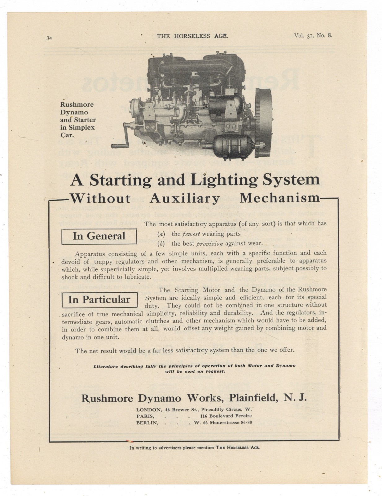 1913 Rushmore Dynamo Works of Plainfield, New Jersey Ad: Dynamo & Starter pic