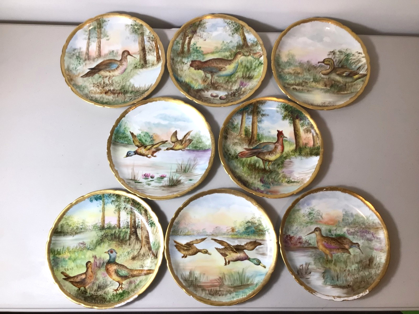 Antique J.P.L Jean Pouyat Limoges France Hand Painted Plates Birds Deco Set Of 8