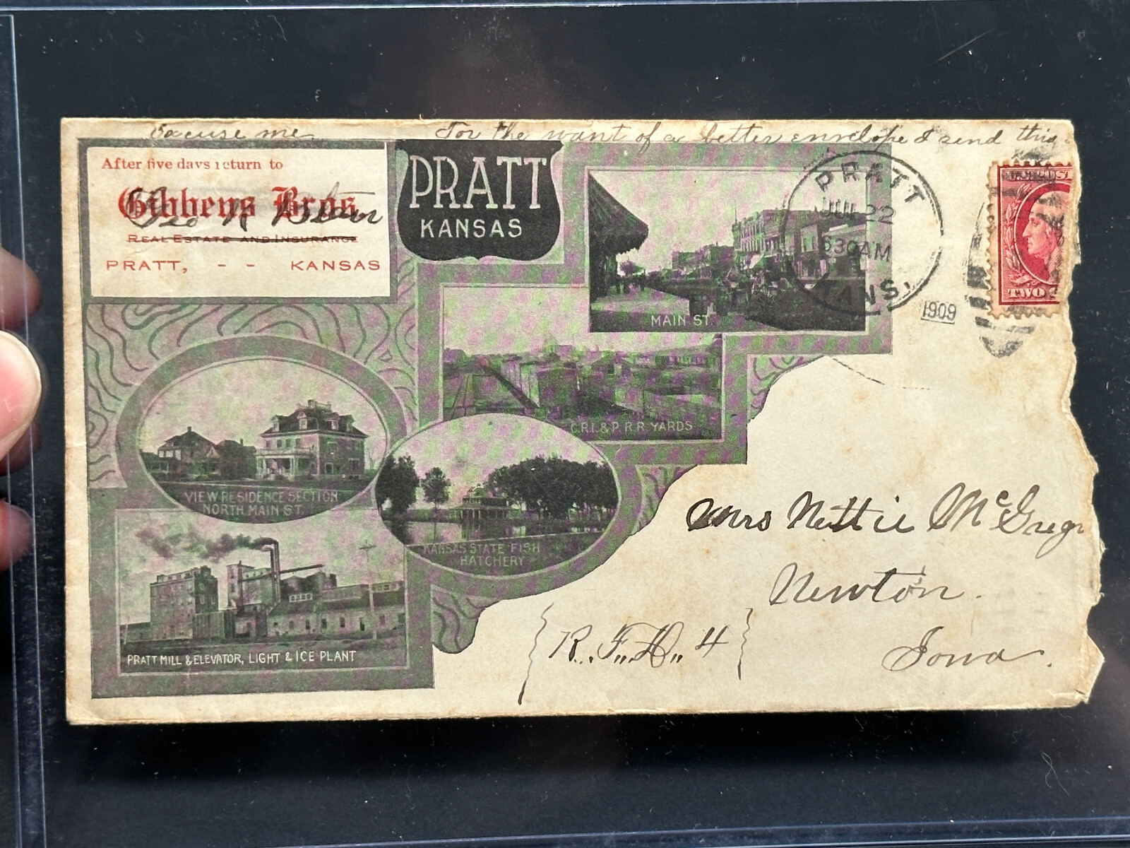 c. 1909 Pratt Kansas KS Multi-View photo envelope harlenske confectionery 