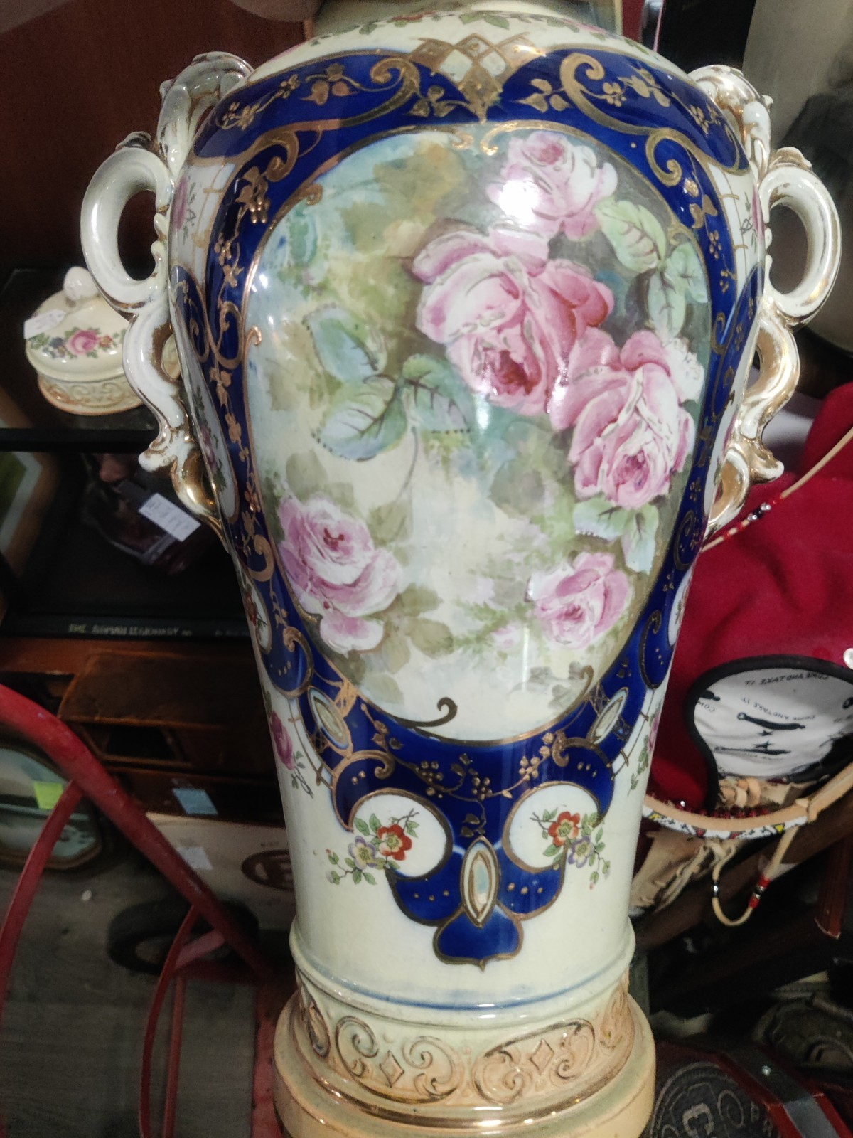 Antique Pair Thin Porcelain Vases Hand Decorated Roses Cobalt Gold.
