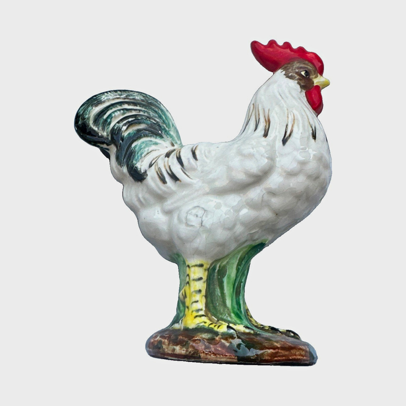 Hand-Painted Porcelain Rooster Chicken Figurine Black White Green Base MR 20