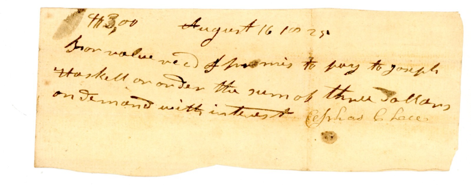 Antique Handwritten promissory note 1825 Signed Ephraim C. Lace