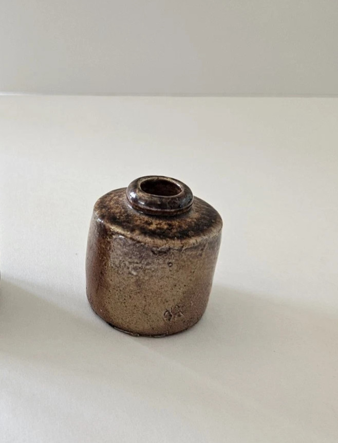 19th Century Antique Stoneware Clay Circle Salt Glazed Inkwell Bottle