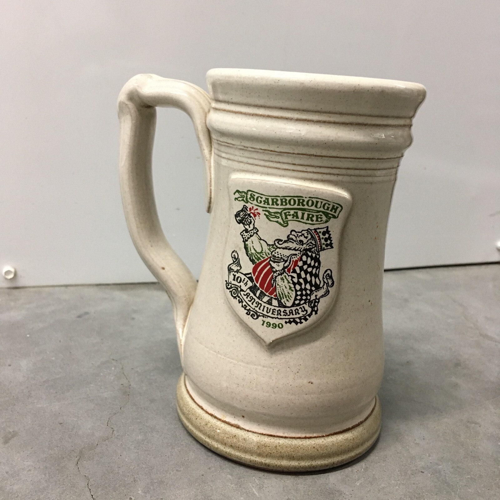 Scarborough Faire 10th Anniversary Stein Mug Tall White 1990 King Emblem Pottery