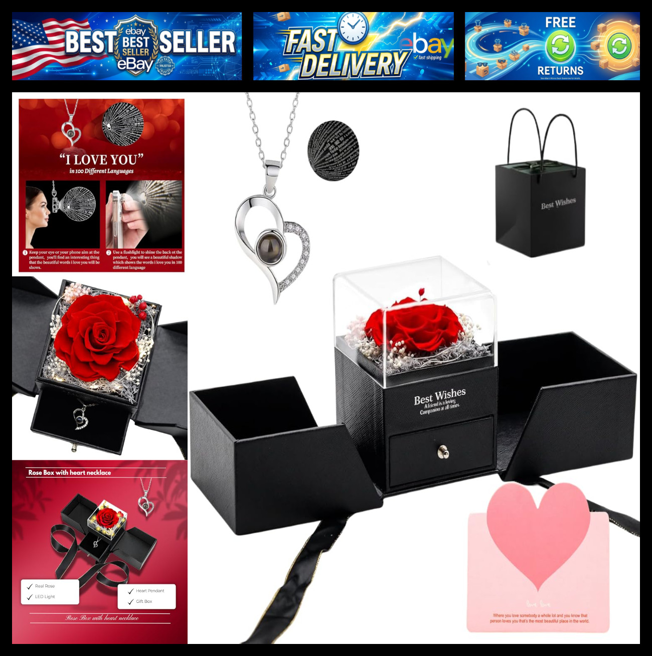 for Mom - Preserved Real Rose with Heart I Love You Necklace in 100 Languages, E