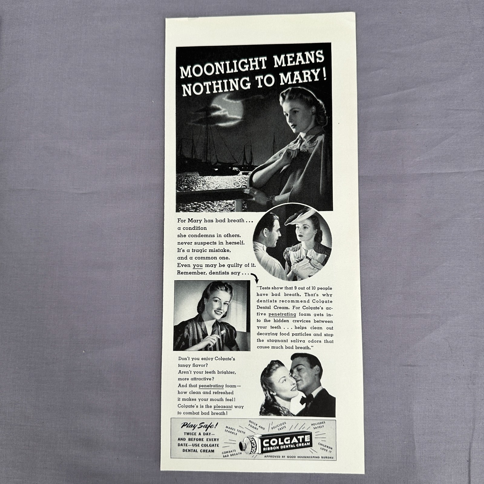 1941 Colgate Dental Cream Vtg Print  Ad Moonlight Mary Bad Breath Dating Romance