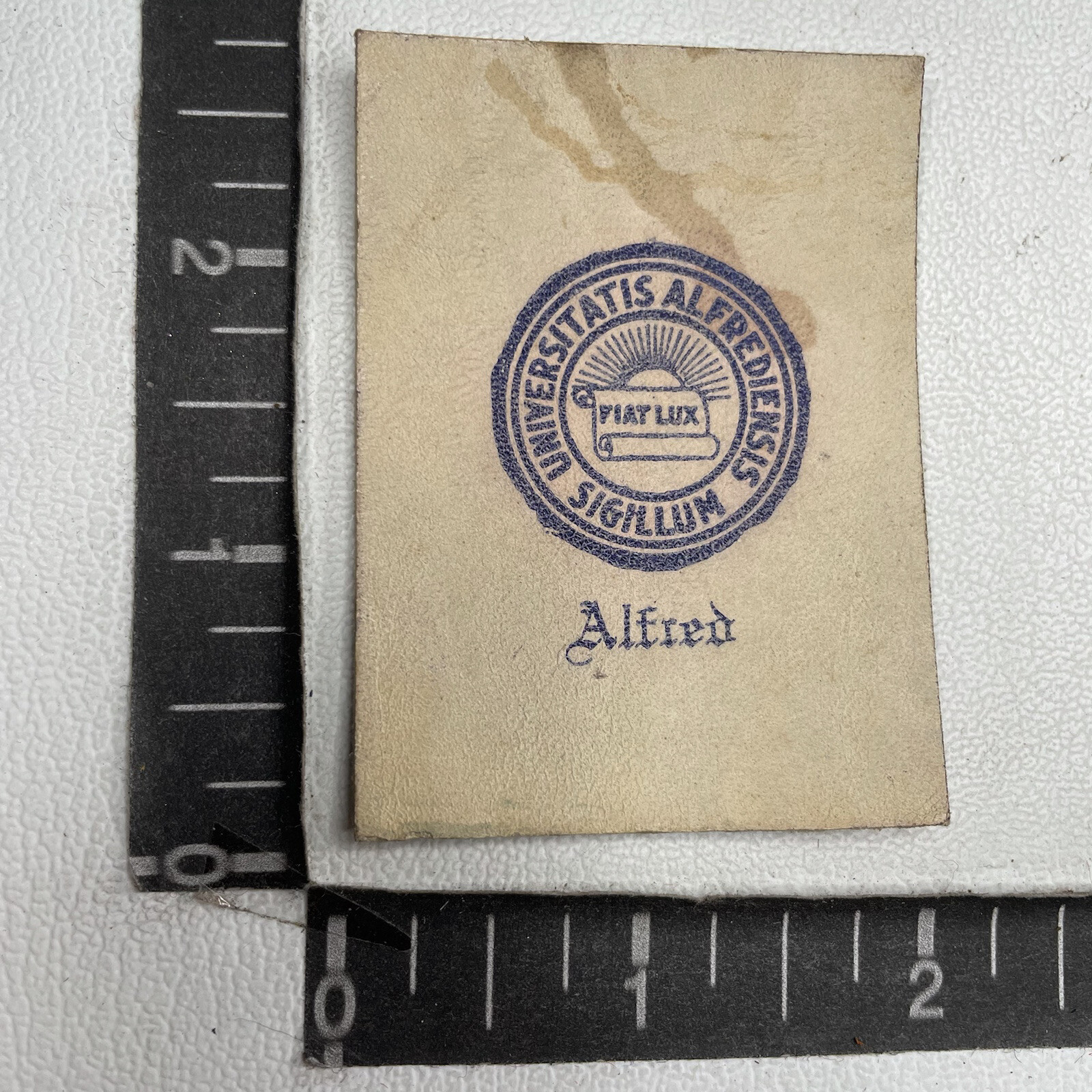 Vtg c. 1910s As-Is ALFRED UNIVERSITY Tobacco Leather Patch Premium 13AF