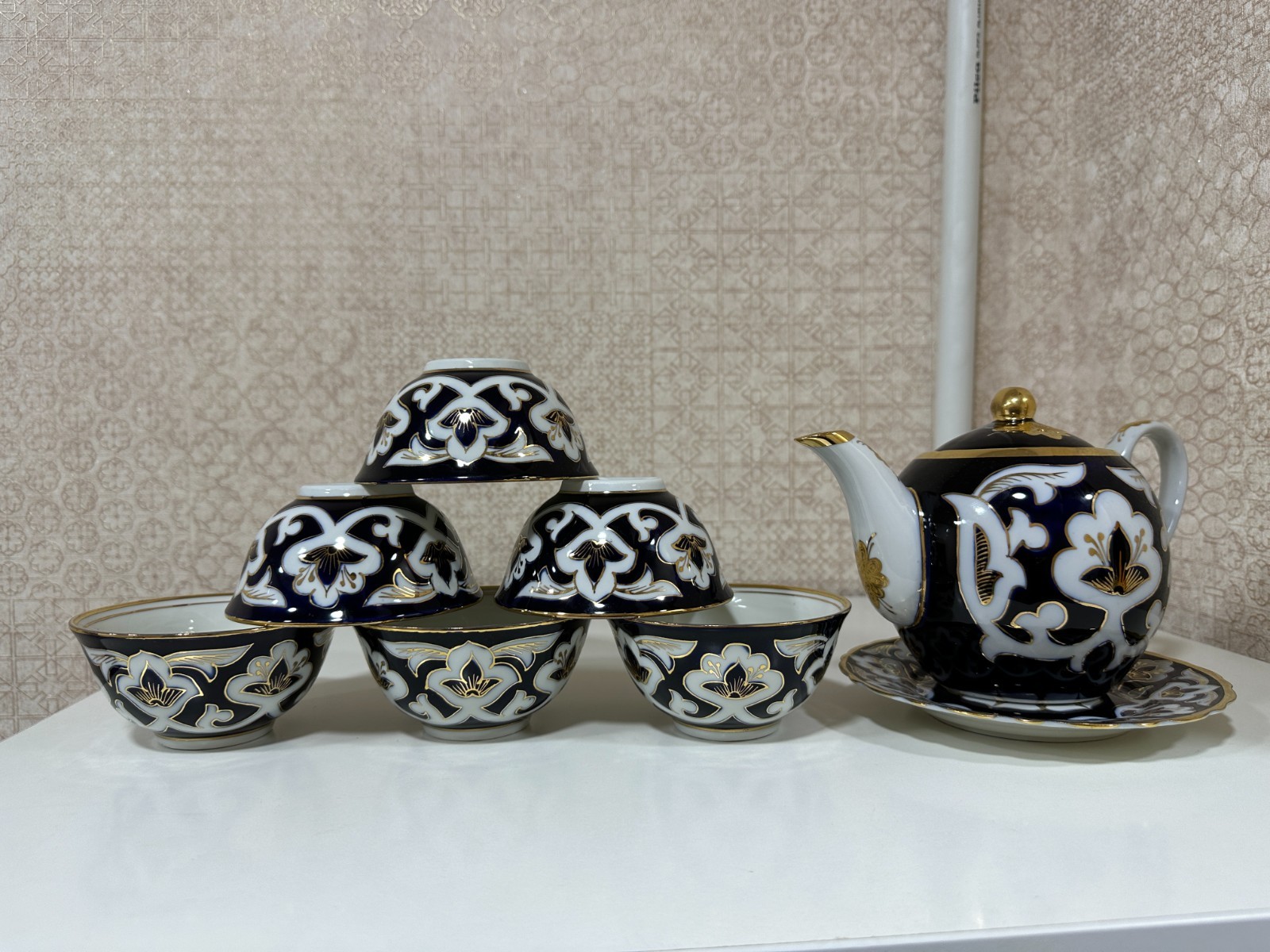 Uzbek Cobalt Blue Tea Set –  Handcrafted Porcelain with Gold Detailing