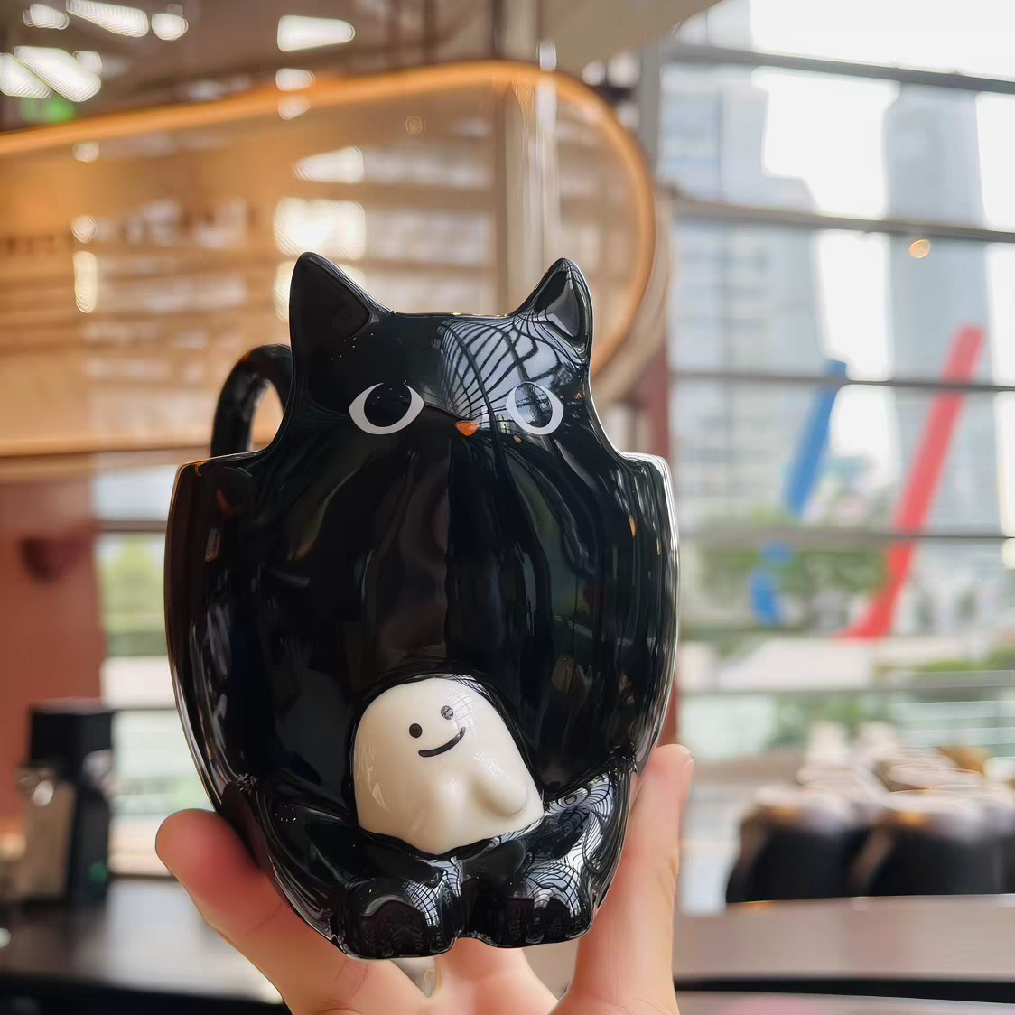 Starbucks Halloween 3D Black Cat Ghost Ceramic Mug Limited Edition Coffee Cup