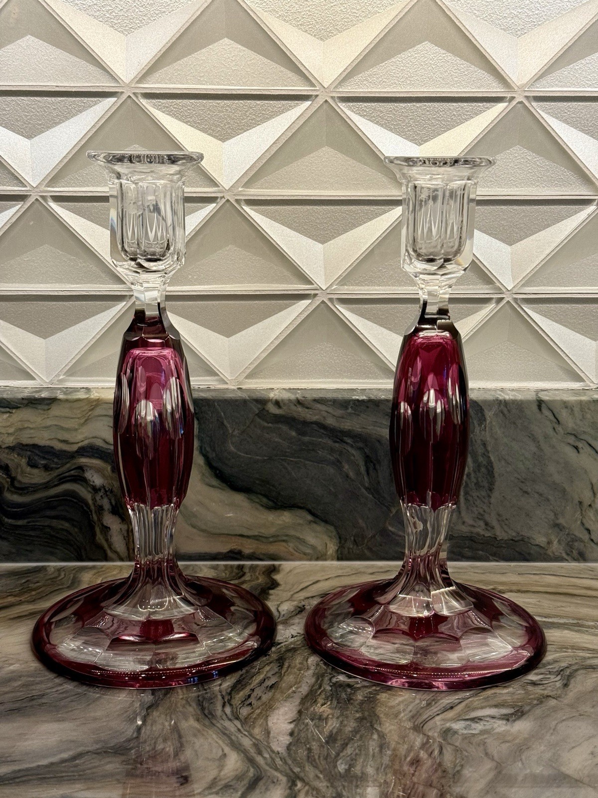 Vintage Pair Deep Cranberry Glass Candlesticks 9.5” Candle Holders