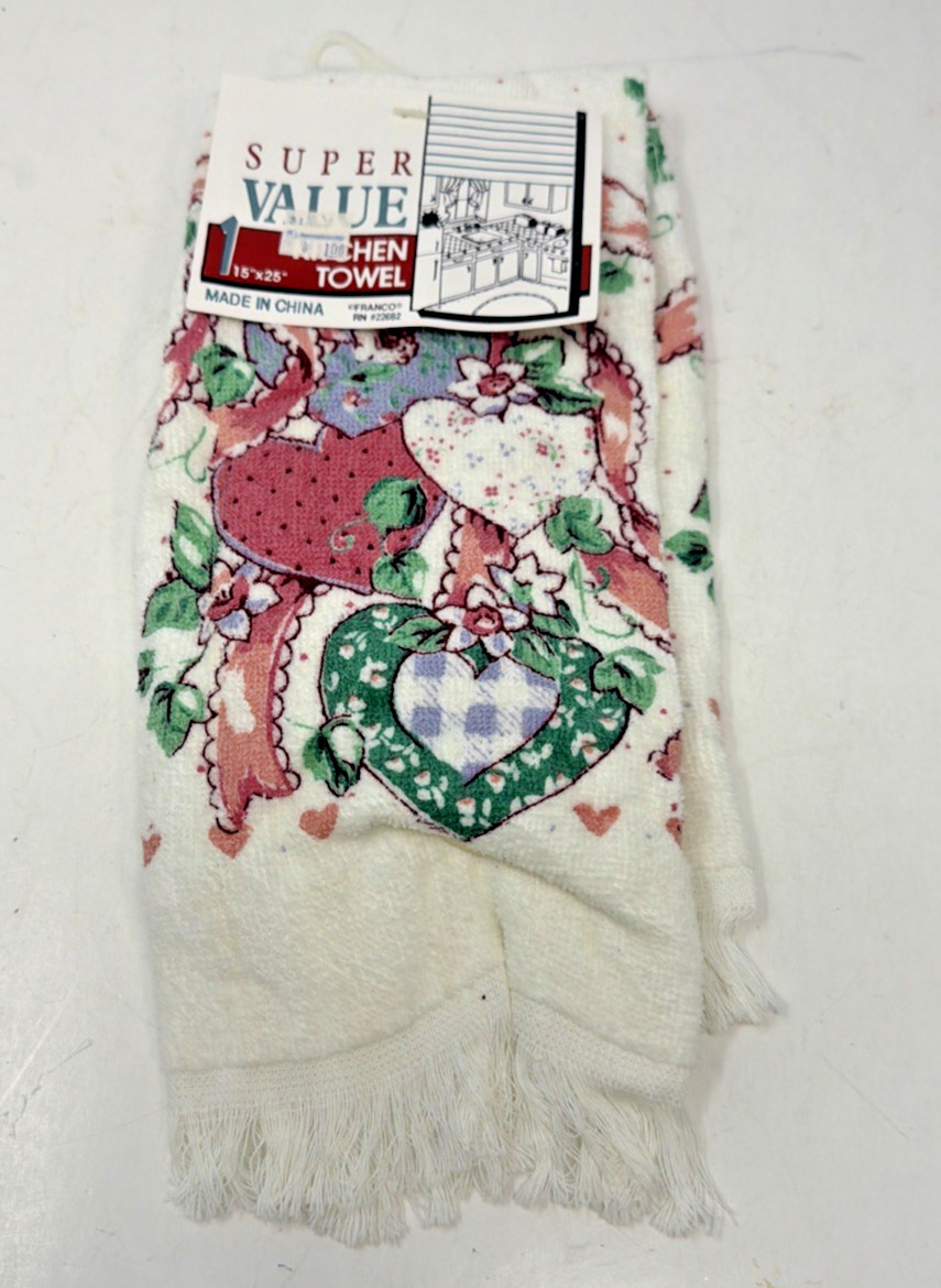 Vintage Franco Pink Hearts Bow Fringe Kitchen Hand Towel Cottagecore