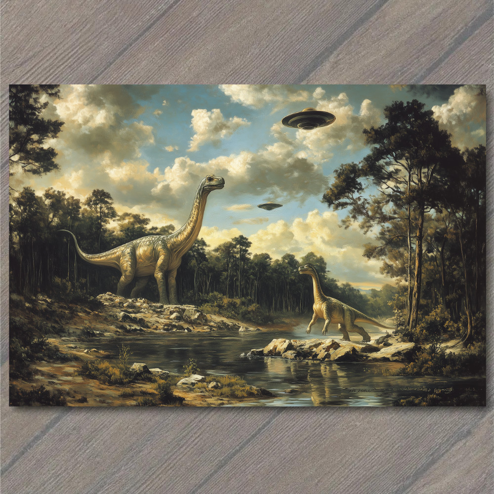 POSTCARD Long Neck Dinosaurs Watch Flying Saucers Sky Over Mountain Trees  UFO