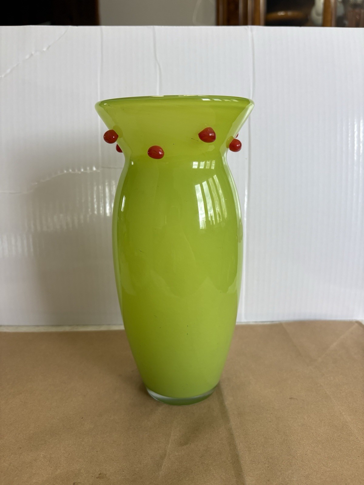 Vintage Marc Aurel Echtkristall Art Glass Vase Green Red Spots From Germany 9\