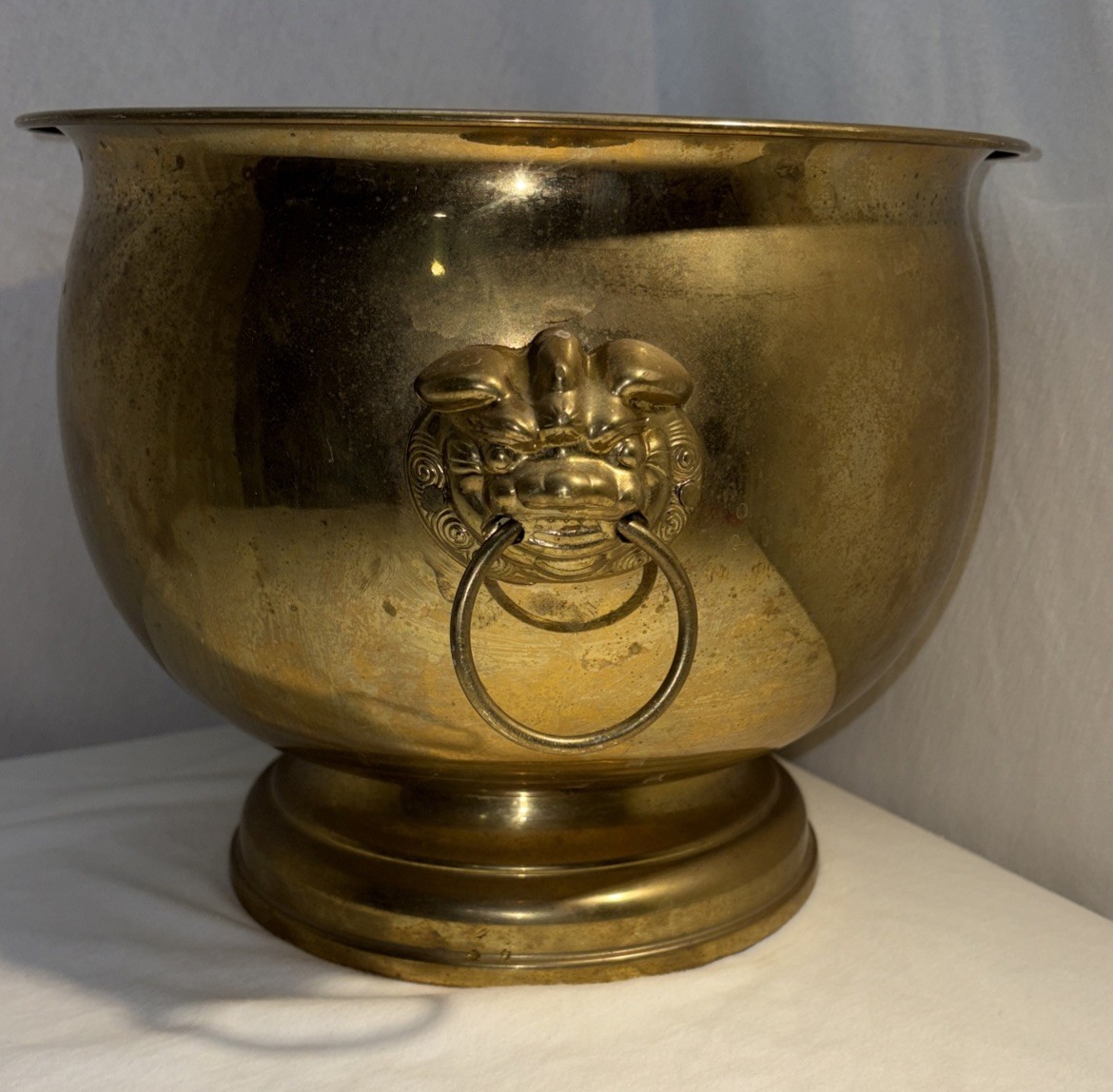 Vintage Chinese Large Light Brass Planter Foo Dog Holders 8 In Tall Hong Kong