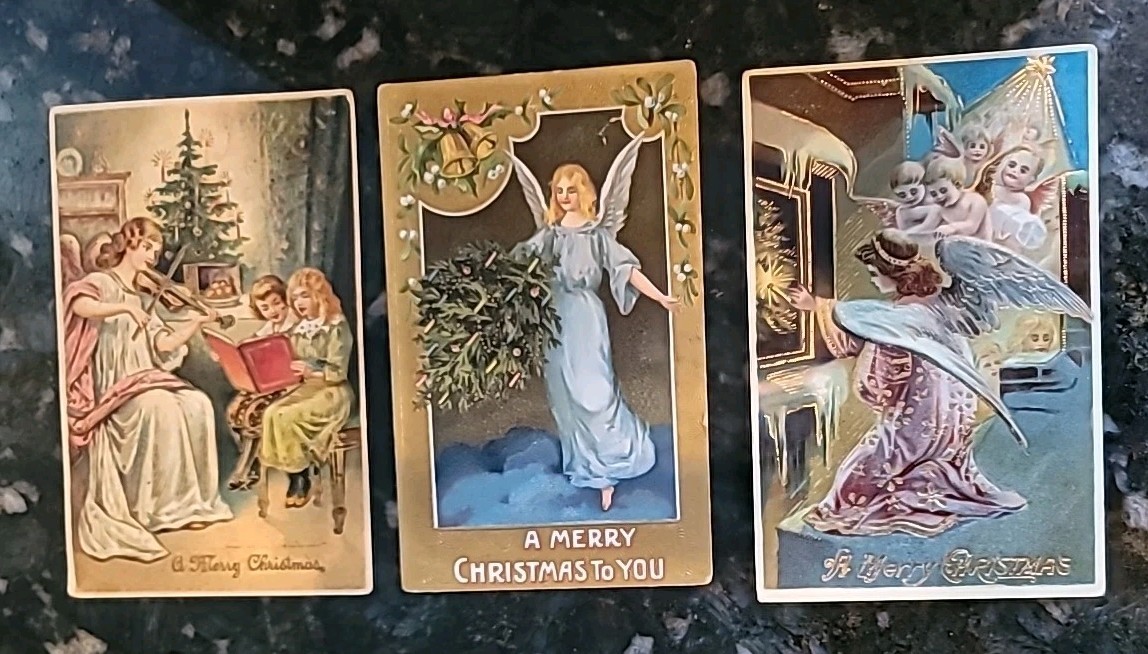 Christmas Postcards Angels 3 Cards Antique 1900 Embossed Gold Embellished 