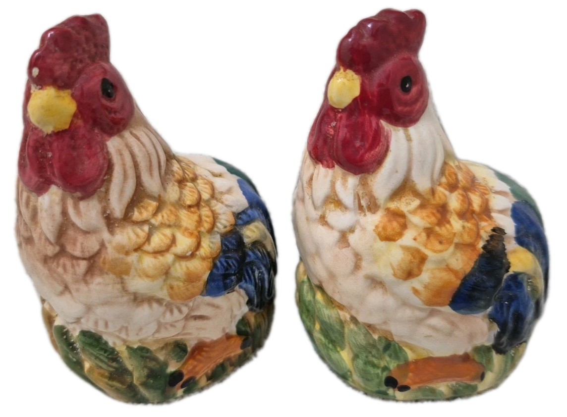 Vintage Rooster Hen Chicken Salt Pepper Shaker Ceramic Country Farmhouse Cottage
