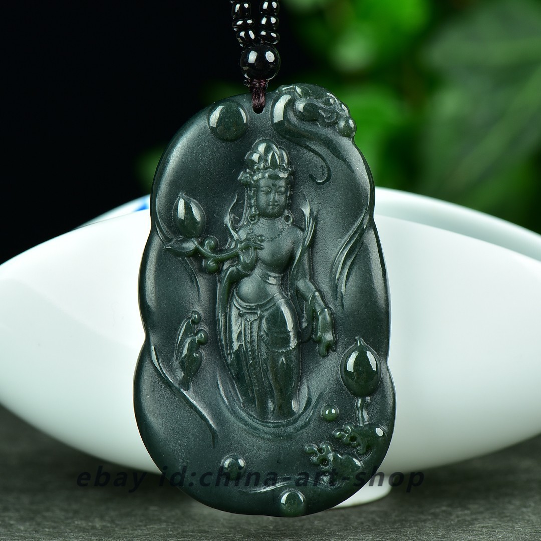 Natural Hetian Gray Nephrite Jade Hand-Carved Guanyin Talisman Pendant G352