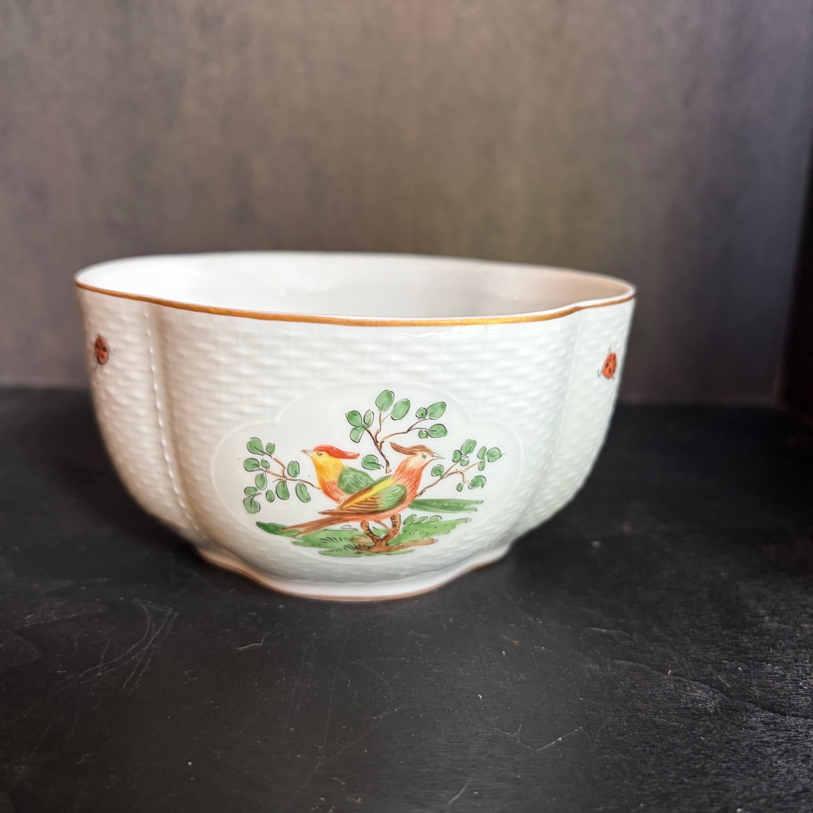 Schumann Dresden Porcelain Bird & Butterfly Basketweave Bowl A5742 31 Gold Rim