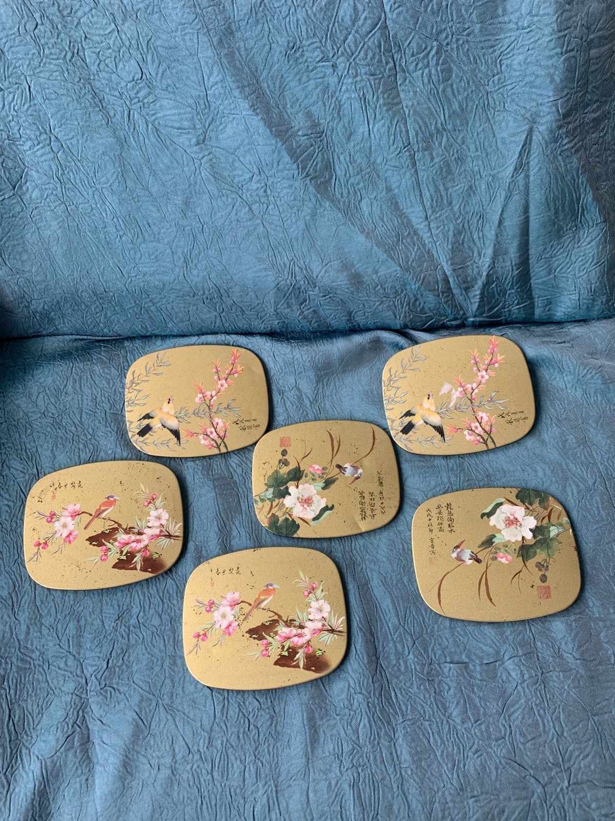 SET of 6 VINTAGE Japanese Flowers Birds cocktail / Decorative Coasters 