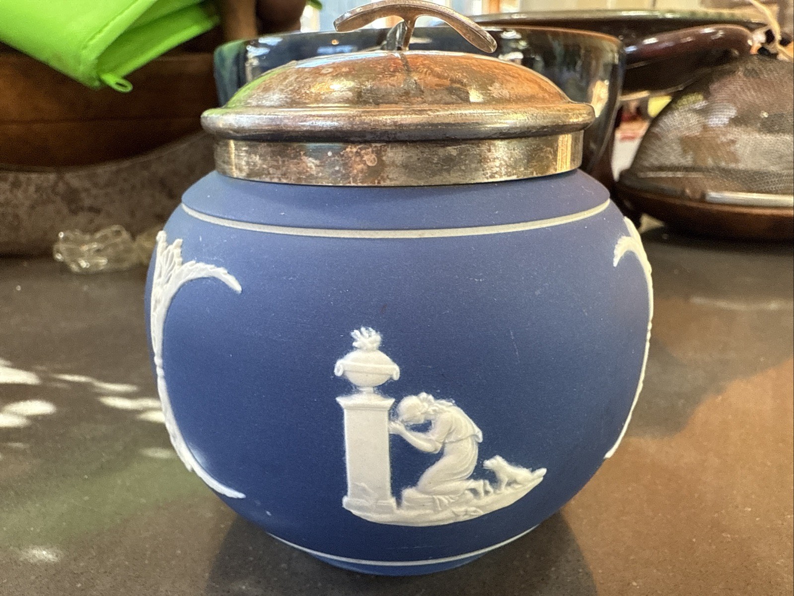 c.1800\'s Blue Jasperware ADAMS rare sugar With Built In Tongs In lid