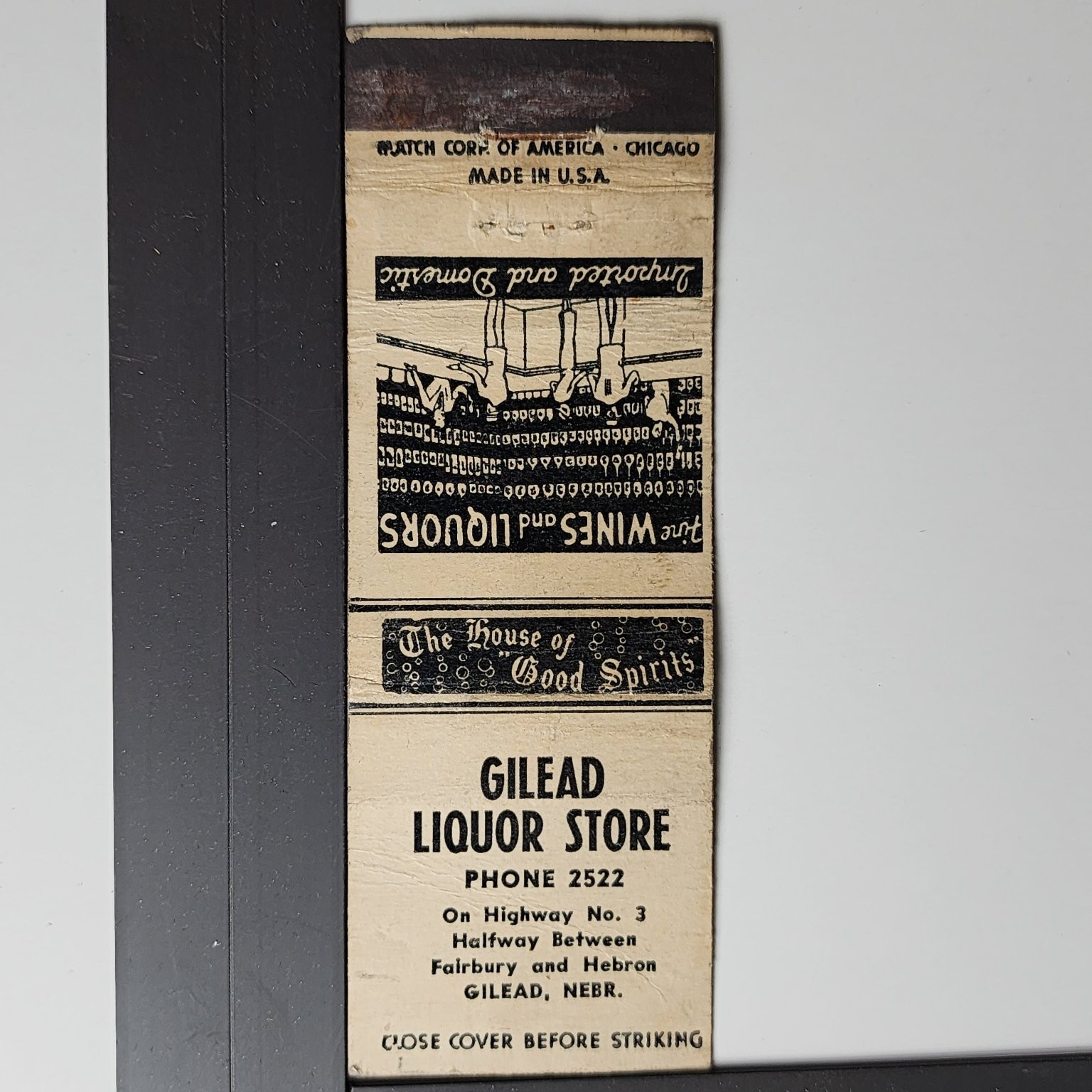 Gilead Liquor Store Gilead NE Vintage 1940s Black White Design Matchbook