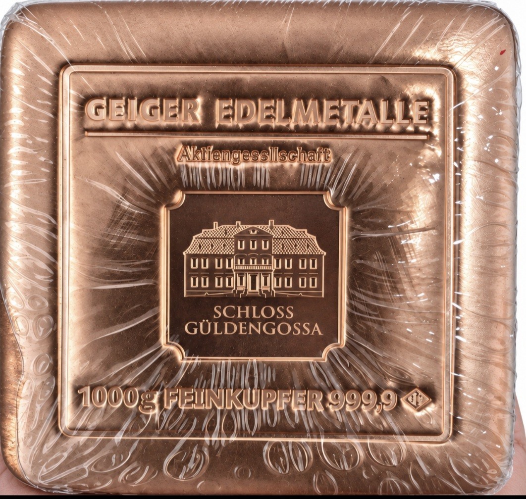 Geiger Edelmetalle 1000g (.999 Fine) Copper Square Bullion Bar. Geiger Edelmetalle 1000g (.999 Fine) Copper Square Bullion Bar.