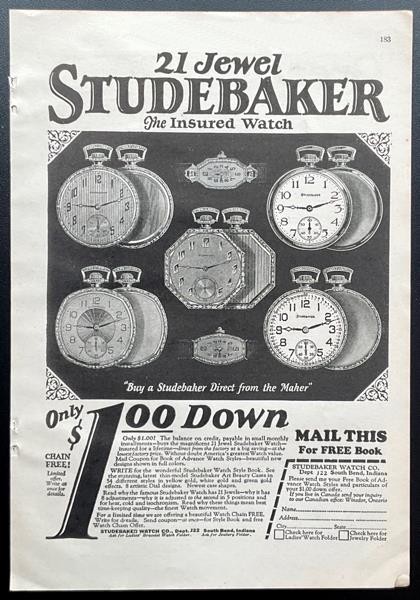 Studebaker Pocket Watch 1925 vintage print AD 21 Jewel “The Insured Watch”
