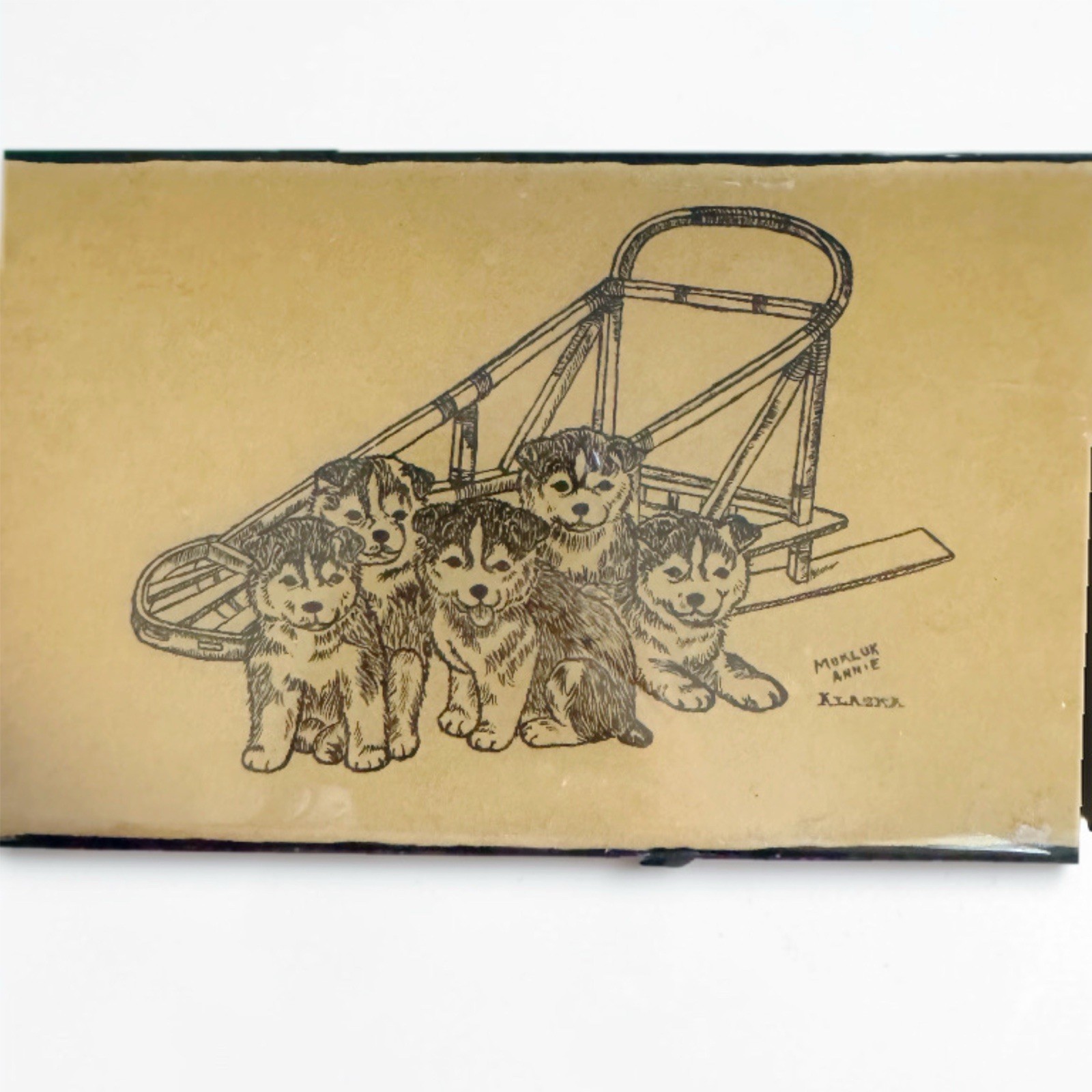 Vintage Mukluk Annie Alaska Husky Sled Dog Puppies Wall Plaque Art 6”
