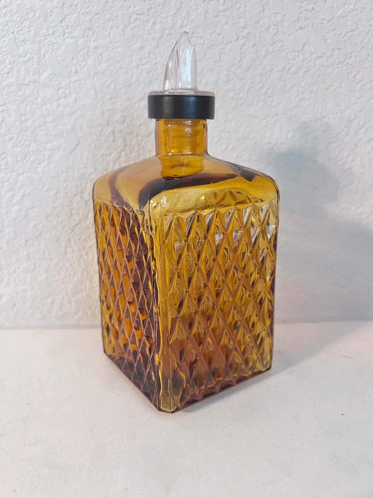Vintage 1970s Amber Glass Diamond Point Decanter Bottle Pour Spout MCM Barware