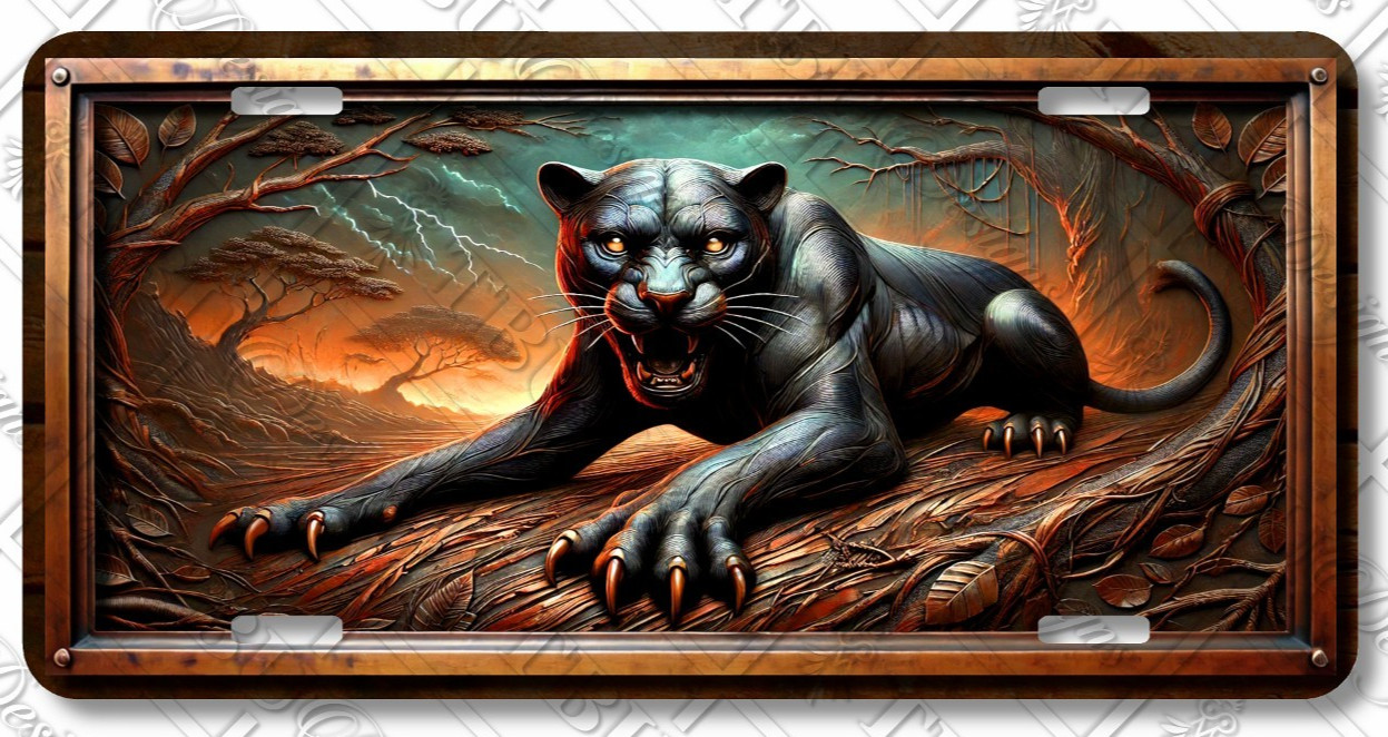 Fierce Panther License Plate – Dark Forest Scene Car Tag Décor – LP-AN-AG010