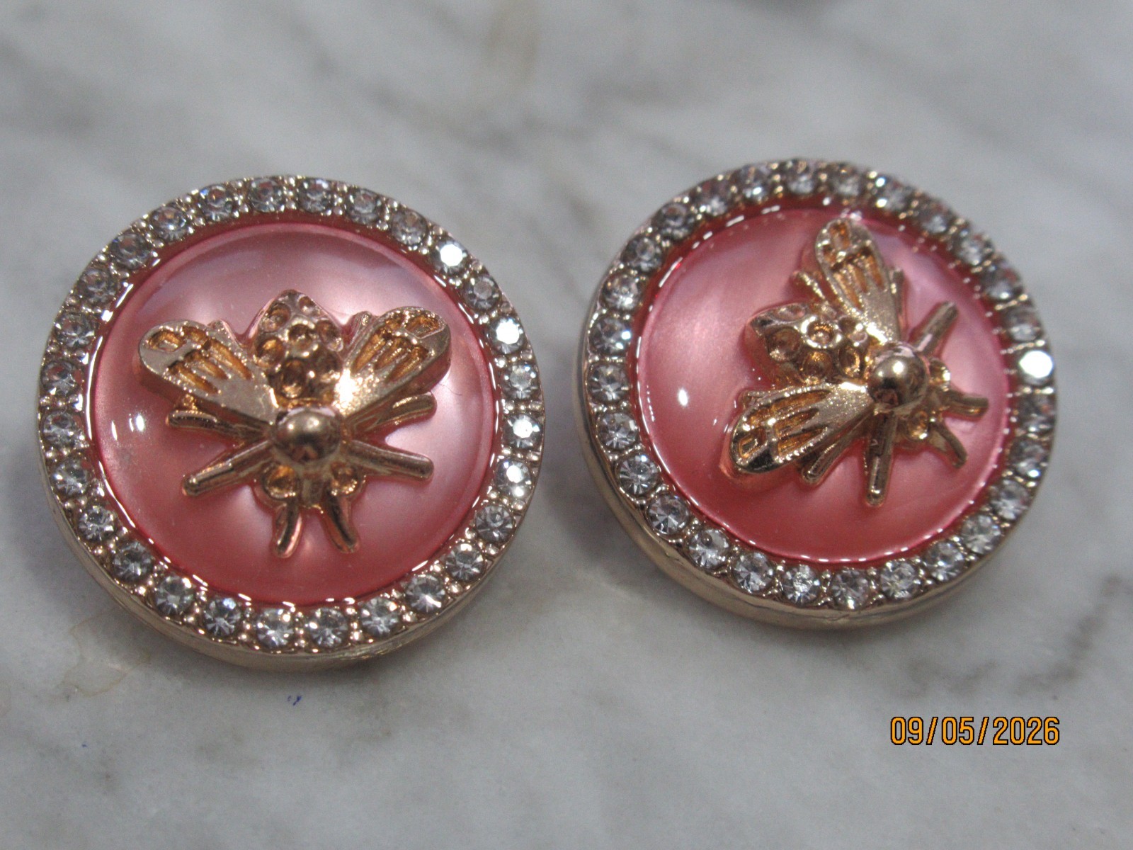 GUCCI BEE BUTTONS  17MM gold tone, pink, CLEAR CRYSTALS   THIS IS FOR 2