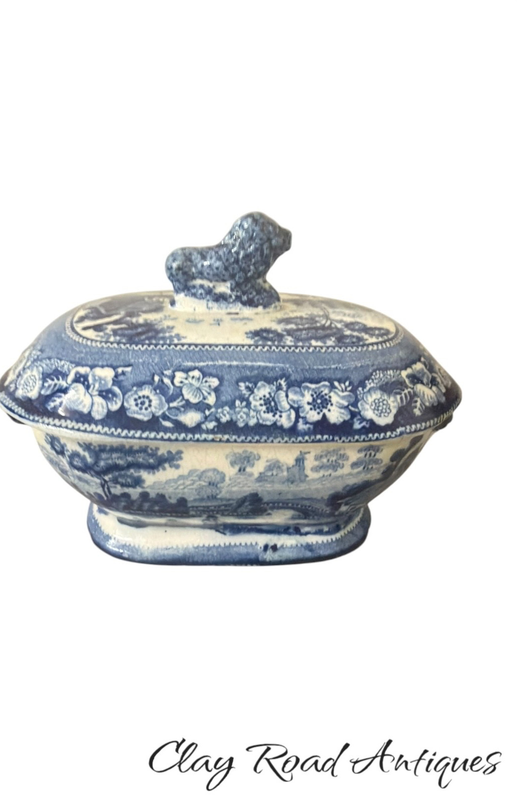 Antique c1830 Staffordshire Blue White Transferware sauce Tureen Lion Finial